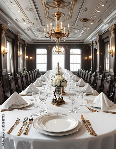Elegant Long Dining Table Setup in Grand Ballroom with Crystal Chandelier and White Flowers