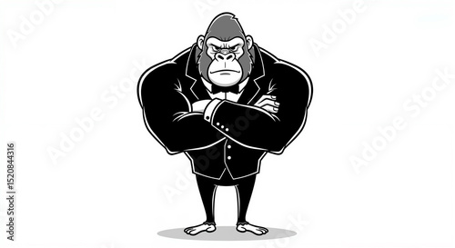 Intimidating big bouncer Gorilla guarding fancy upmarket nightclub entrance - isolated white background cartoon illustration