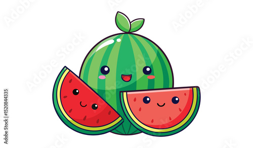 Cute cartoon watermelon with slices illustration