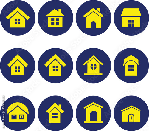 Collection of twelve yellow house icons on dark blue circles diverse home and building symbols