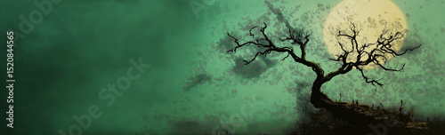 Silhouette of a lonely tree under the full moon, Wide banner, background, web horizontal image, wide image photo