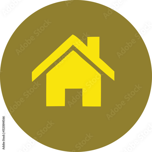 A simple yellow house icon on a circular olive green background