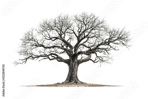 A majestic, leafless oak tree stands tall, its gnarled branches reaching towards the sky background removed