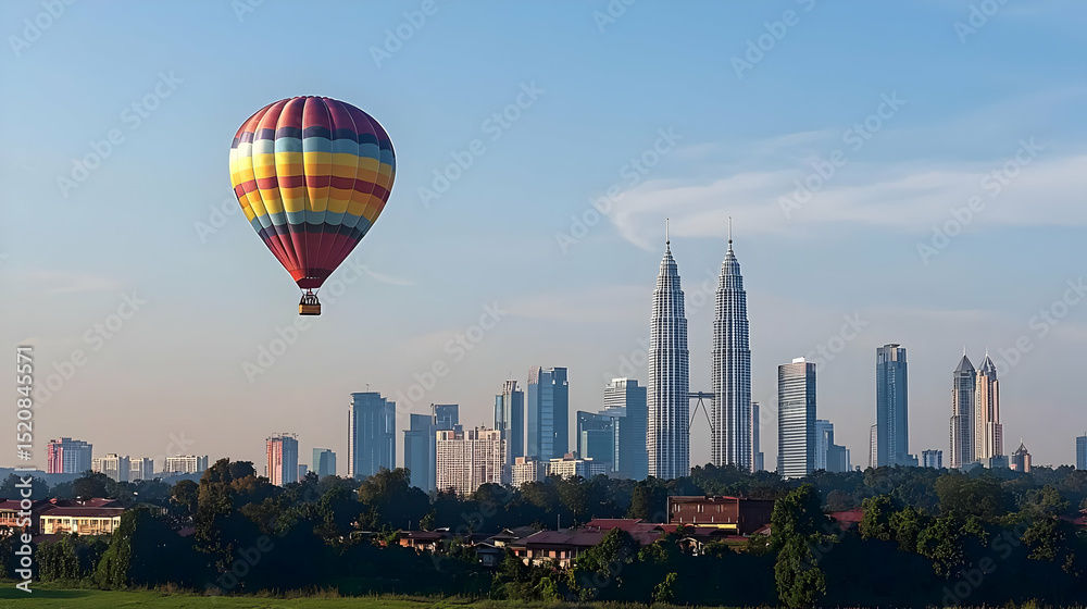 Obraz premium Colorful Hot Air Balloon Over Kuala Lumpur Cityscape