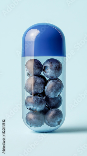 Blueberries in transparent capsule on light blue background
