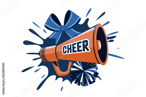 Cheer Megaphone with Bow and Pom Pom Design, Dynamic cheerleading graphic featuring an orange megaphone, blue bow, and pom pom with splash background, symbolizing spirit and energy.

