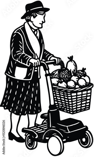 elderly woman walking with shopping cart loaded with fresh produce, showing everyday lifestyle