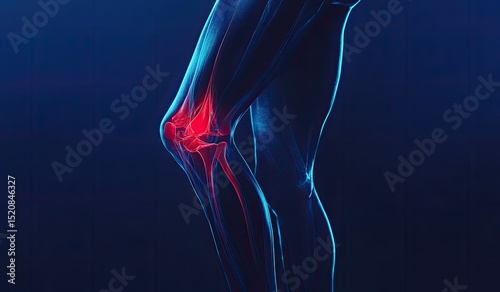 An illustration of the knee with a highlighted red area indicating pain, set against a dark blue background. The overall mood is one of focus, with the attention drawn away from the hip.