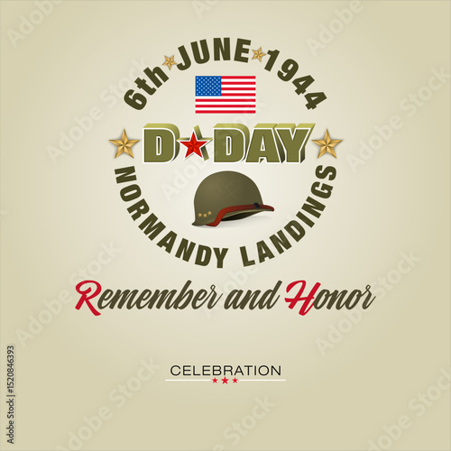 Holiday design, background with handwriting, 3D texts, army helmet and national flag colors for D-Day American event celebration; Vector illustration.