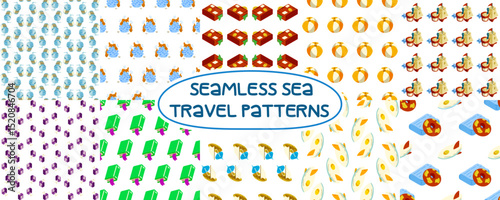 Summer Seamless Sea Travel Patterns. Collection of 10 seamless cartoon patterns with summer travel and sea vacation elements — luggage, toys, surfboards, drinks, beach balls, inflatable floats.