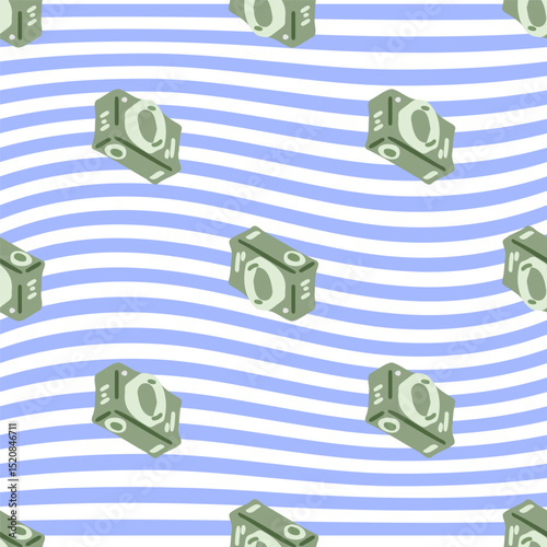 Seamless Cartoon Camera Waves Pattern. Green cartoon cameras scattered on wavy striped background in light blue and white. Seamless flat illustration with playful summer vibe.