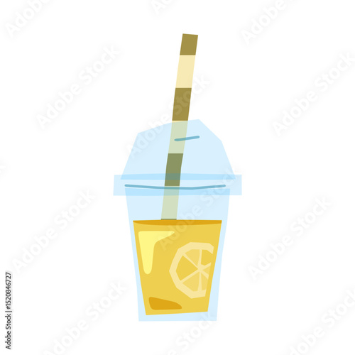 Cartoon Lemonade Drink Cup Isolated. Plastic cup with yellow lemonade and lemon slice, topped with striped straw. Flat cartoon style, bright colors, isolated on white background.