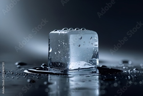 Translucent Ice Cube on Reflective Surface with Water Droplets – Minimalist Cool Concept