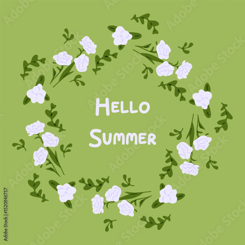 Floral Summer Wreath Green Background. White cartoon flowers and green leaves arranged in a circular floral wreath on light green background. Flat illustration in soft pastel tones with clean composit