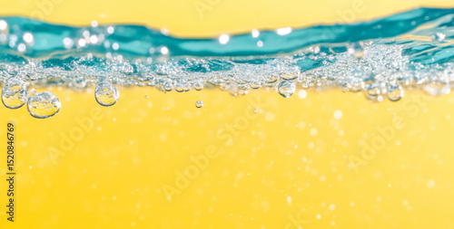 Close-up of blue water on yellow background with air bubbles
