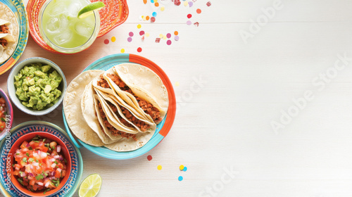 Cinco de Mayo tacos presented with traditional Mexican garnishes, background