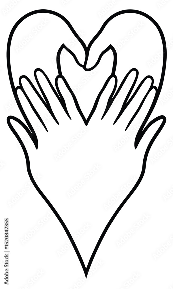 Fototapeta premium Two hands forming a heart shape. A simple line drawing, symbolizing love, care and unity.
