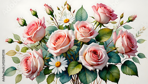 Pink roses bouquet on a white background, perfect for a romantic gift or floral wedding arrangement