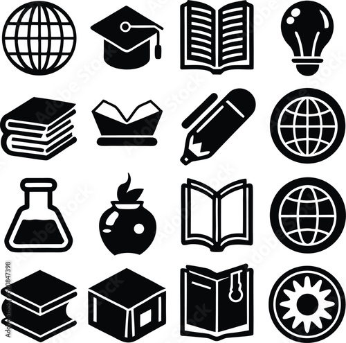 A collection of sixteen black and white icons representing education and global learning