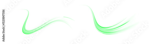 PNG green laser curve with glowing line motion and speed blur PNG, where the bright trail streak bends around each turn and flashes form a second line next to the first glowing line.