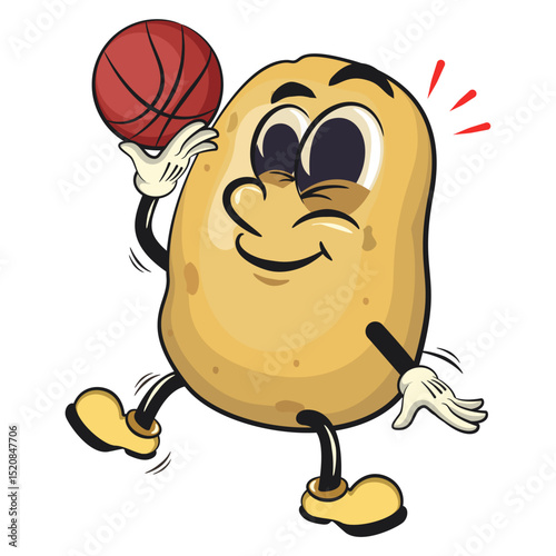 cute cartoon potato mascot vector playing basketball, happy smiling character isolated on transparent background, work of hand drawn
