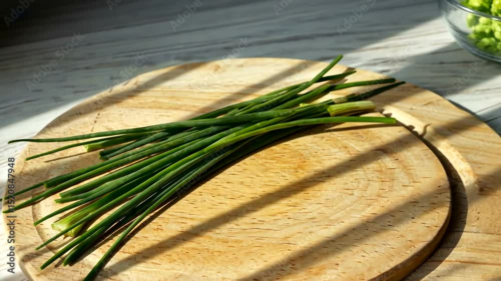 Fresh green chives arranged on a wooden cutting board with sunlight casting shadows