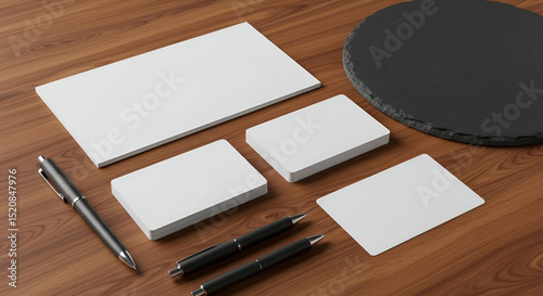 Blank stationery set with dark gray pens and a stone coaster on a wooden surface. Professional branding mock-up for business cards, envelopes, and letterhead.
