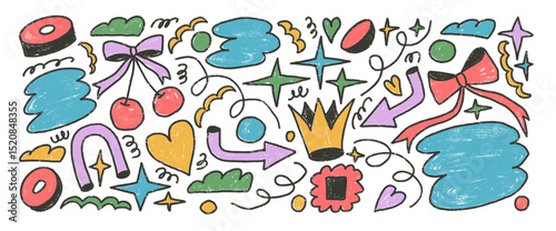 Funky shapes crayon drawn set. Naive multi colors doodle figures on white background. Crown, arch, arrow and geometric forms sketch elements. Vector childish style illustration by colorful pencil.