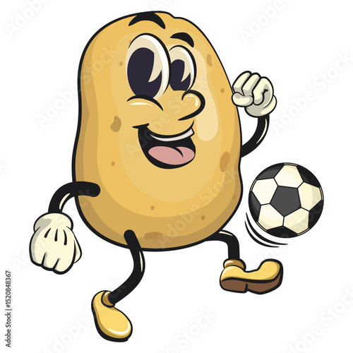 cute cartoon potato mascot vector playing football or soccer, happy smiling character isolated on transparent background, work of hand drawn