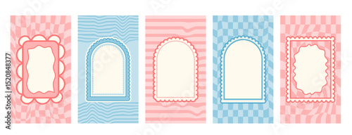 Retro funky frames with groovy checkerboard background. Set of fun pastel colors borders with scallop edges. Text boxes and callout templates for invitation. Vector blue and pink vintage doodles.