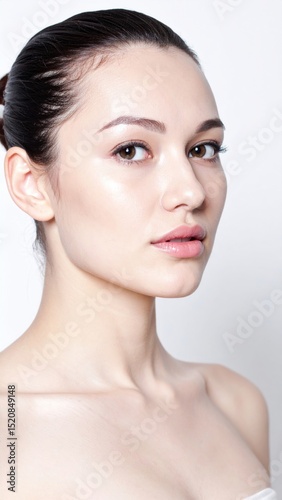 A young woman with clear skin and minimal makeup poses against a white background, looking confidently at the camera.