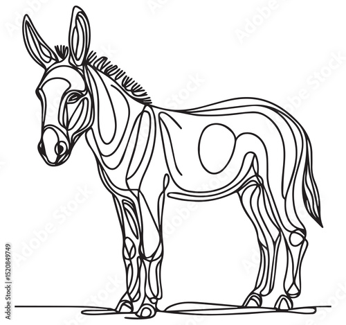 Black and White Abstract Continuous Line Art Drawing of a Standing Donkey Foal Illustration
