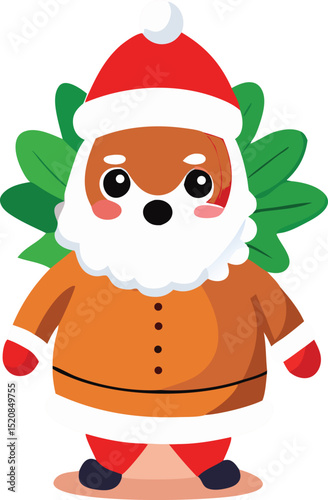 Adorable cartoon santa claus with brown fur carrying a green christmas tree