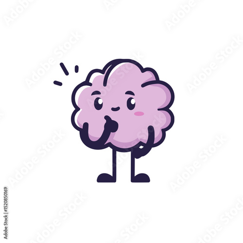 Cute Thinking Brain Cartoon Character Vector, Adorable cartoon brain character in purple with arms, legs, and a thoughtful expression, symbolizing intelligence, ideas, and creativity.

