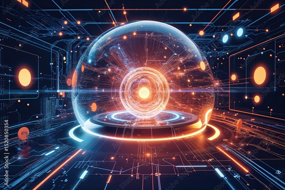 Obraz premium Futuristic Technology Landscape Quantum Communication System in an Advanced Digital Ecosystem Illustration