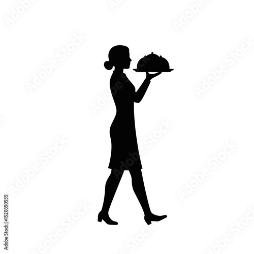 Elegant Server Silhouette: Food Tray, Poised Walk, Fine Dining