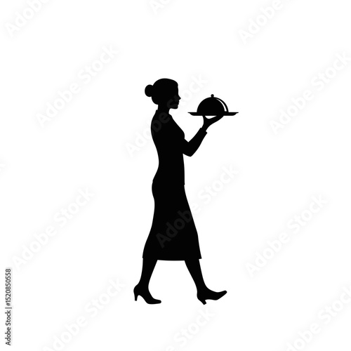 Female Server Silhouette: Balancing Food Tray, Graceful Service
