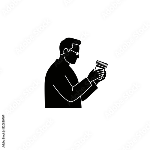 Black Silhouette Icon A pharmacist holding a prescription bottle and reading a label.