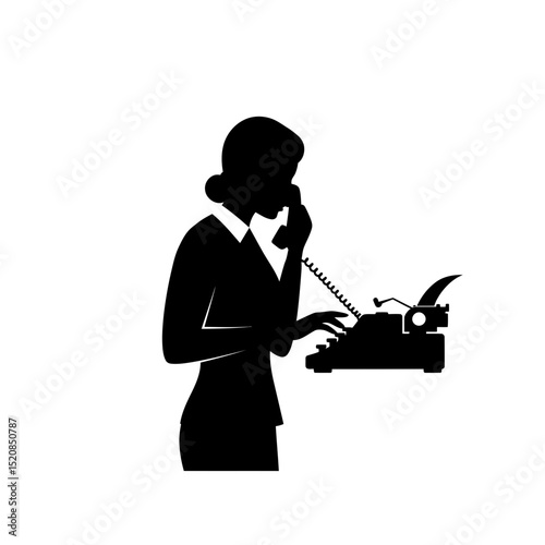 Secretary Typing & Answering Phone Silhouette: Multitasking