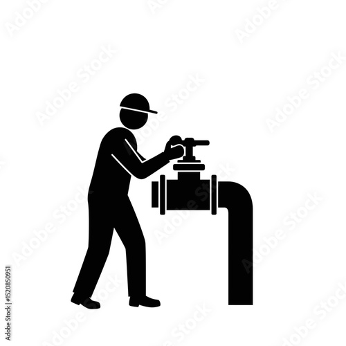 Plumber Turning Valve Silhouette: Large Pipe, Industrial Work