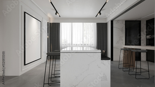 Modern home and living and dining room with cozy pantry island and stool bar mockup decoration and canvas frame on white wall texture background interior design. 3d rendeing 