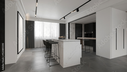 Modern home and living and dining room with cozy pantry island and stool bar mockup decoration and white wall texture background interior design. 3d rendeing 