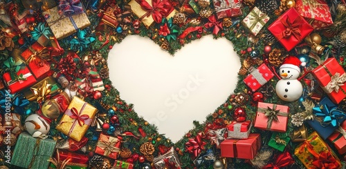 An image of a heart-shaped hole in Christmas-themed paper, surrounded by colorful gifts and toys. The background is filled with red gift boxes, green ribbons, blue balloons.