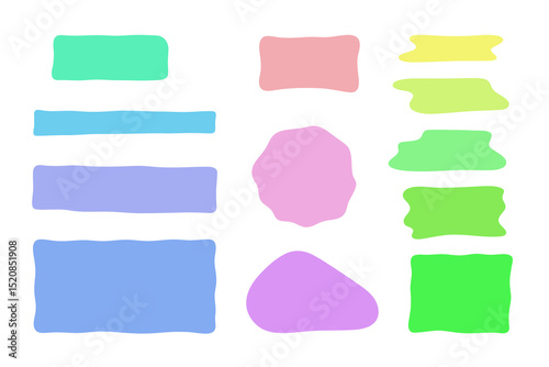 A set of different colorful abstract organic geometric shapes, frames, text field, vector illustration, flat design. A rectangle with curved edges and bends. Background element, decorations