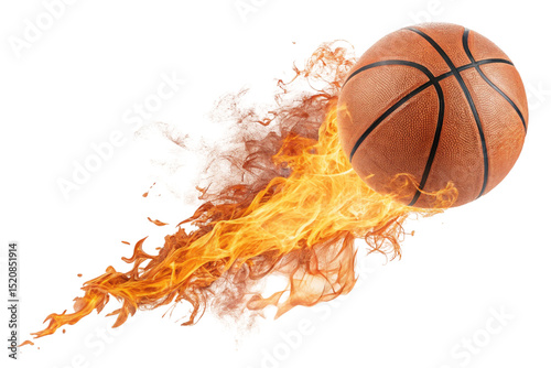 Fiery orange basketball ignites with intense flames, an isolated symbol of sport and competition