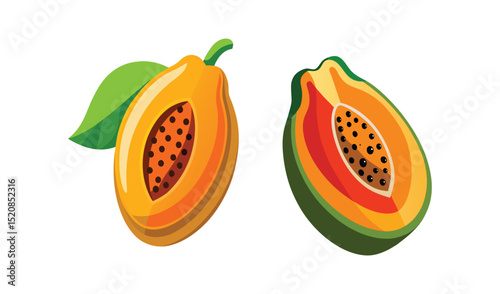Whole and halved papaya fruit illustration