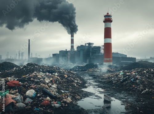 An industrial plant emitting smoke, with piles of trash and garbage on the ground in front of it. The sky is dark grey, with some clouds hanging low over everything.