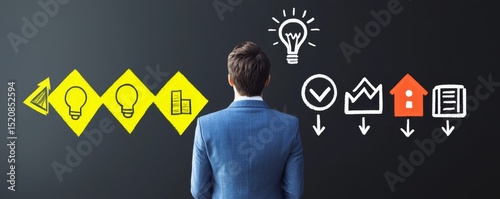 A businessman stands before a chalkboard with icons representing ideas, planning, and strategy, symbolizing business decision-making and innovation.