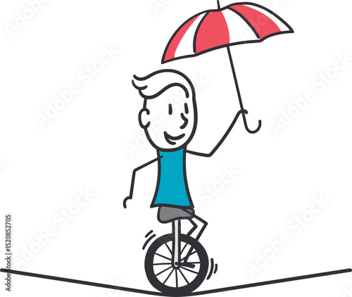 Stick Figure on Unicycle with Umbrella for Balance. Concept of balance, skill, overcoming challenges