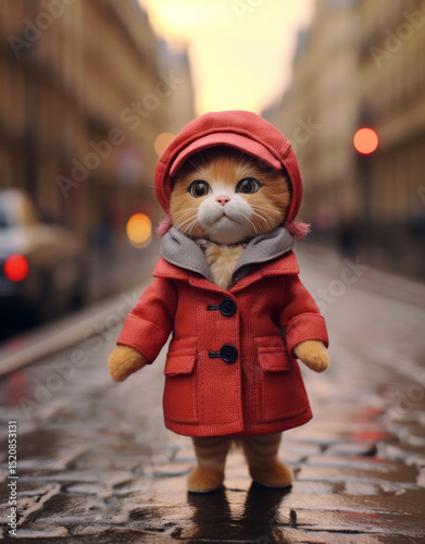 Cute ginger cat dressed in a red coat and hat stands on a city street during sunset